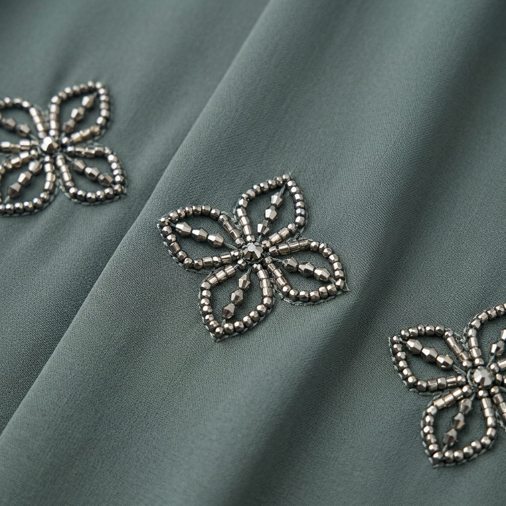 Sage Green Silver Crystal Four Petal Scattered Abaya
