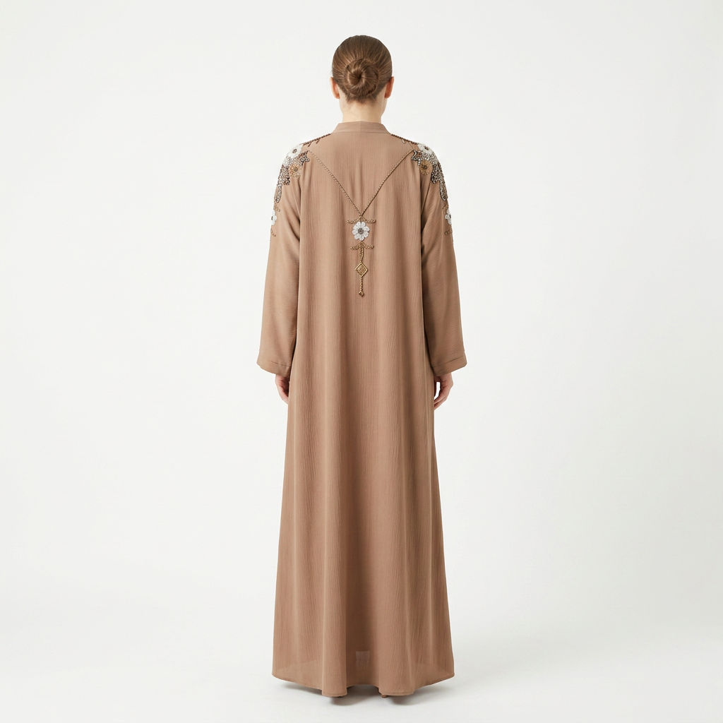 Taupe Gold Silver Beaded Shoulder Flower Abaya