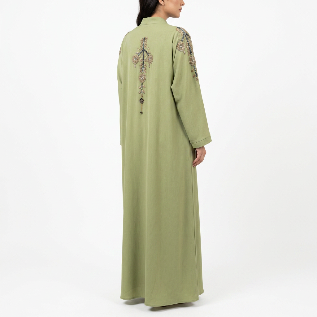 Sage Green Gold Blue Medallion Pendant Abaya