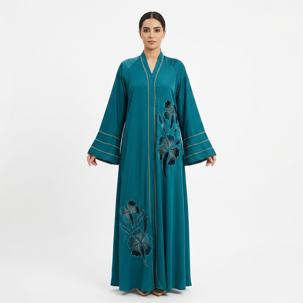 Teal Blue Satin Tonal Iris Ruffle Sleeve Abaya