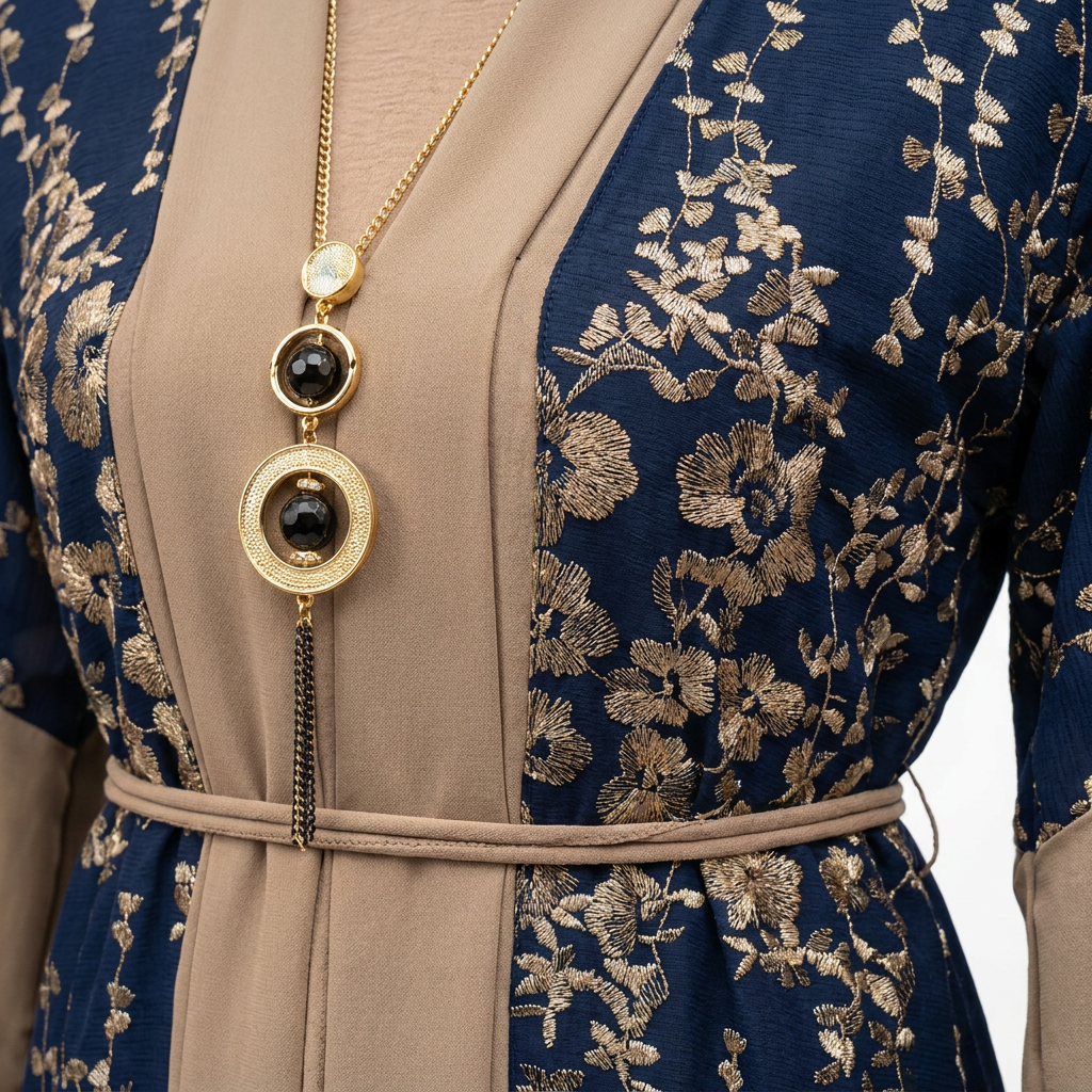 Navy Blue Gold Jacquard Floral Two-Tone Abaya with Statement Pendant Belt