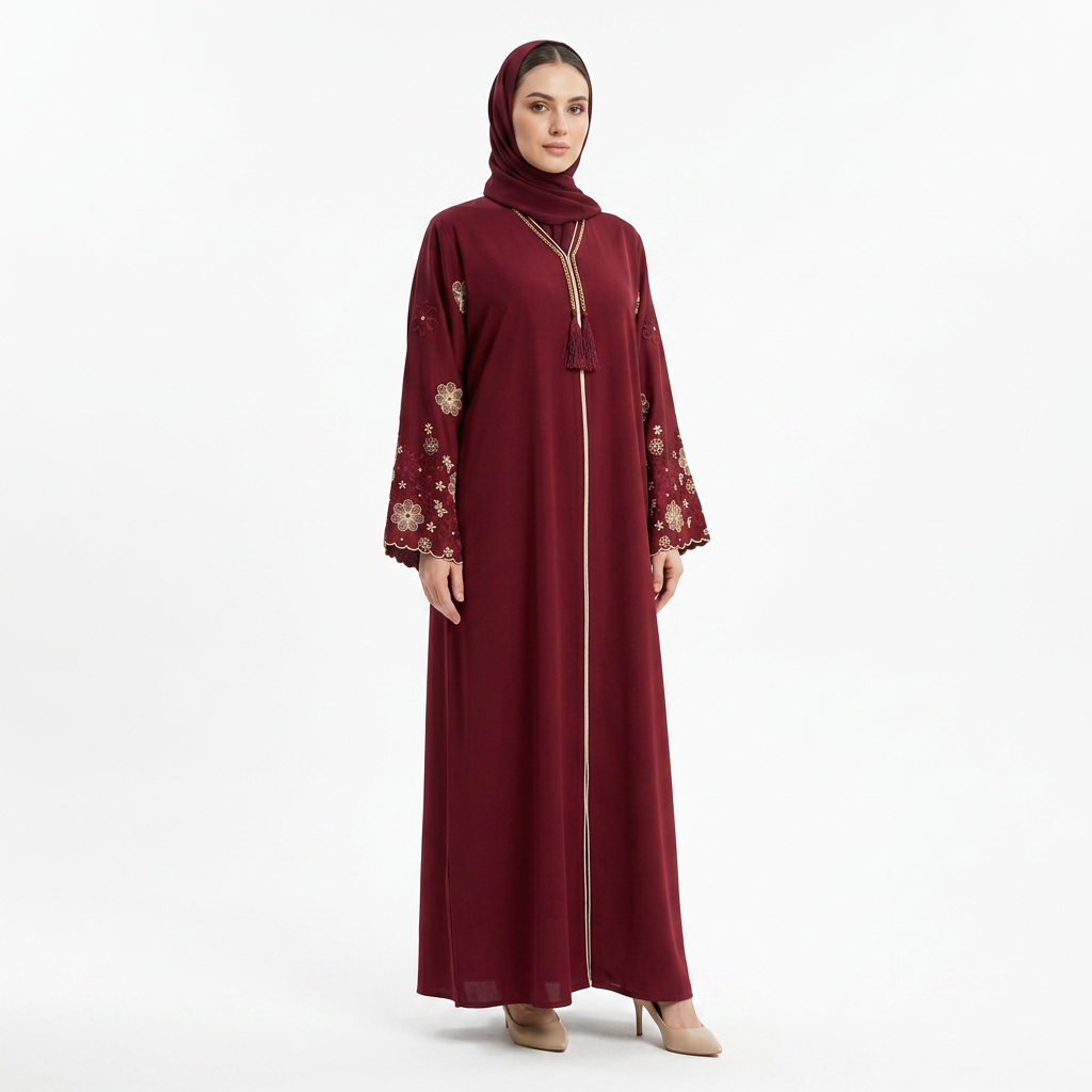 Deep Red Burgundy Gold Floral Sleeve Scallop Abaya