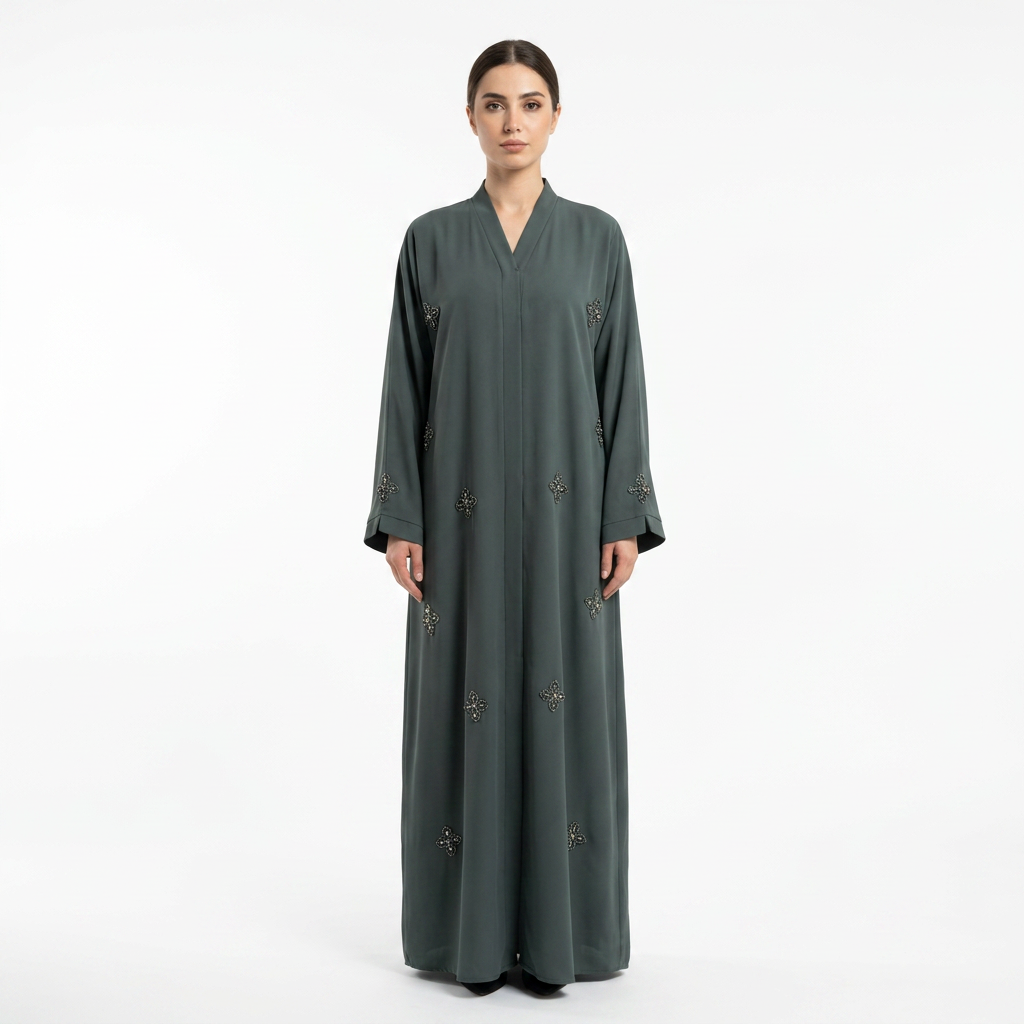 Sage Green Silver Crystal Four Petal Scattered Abaya
