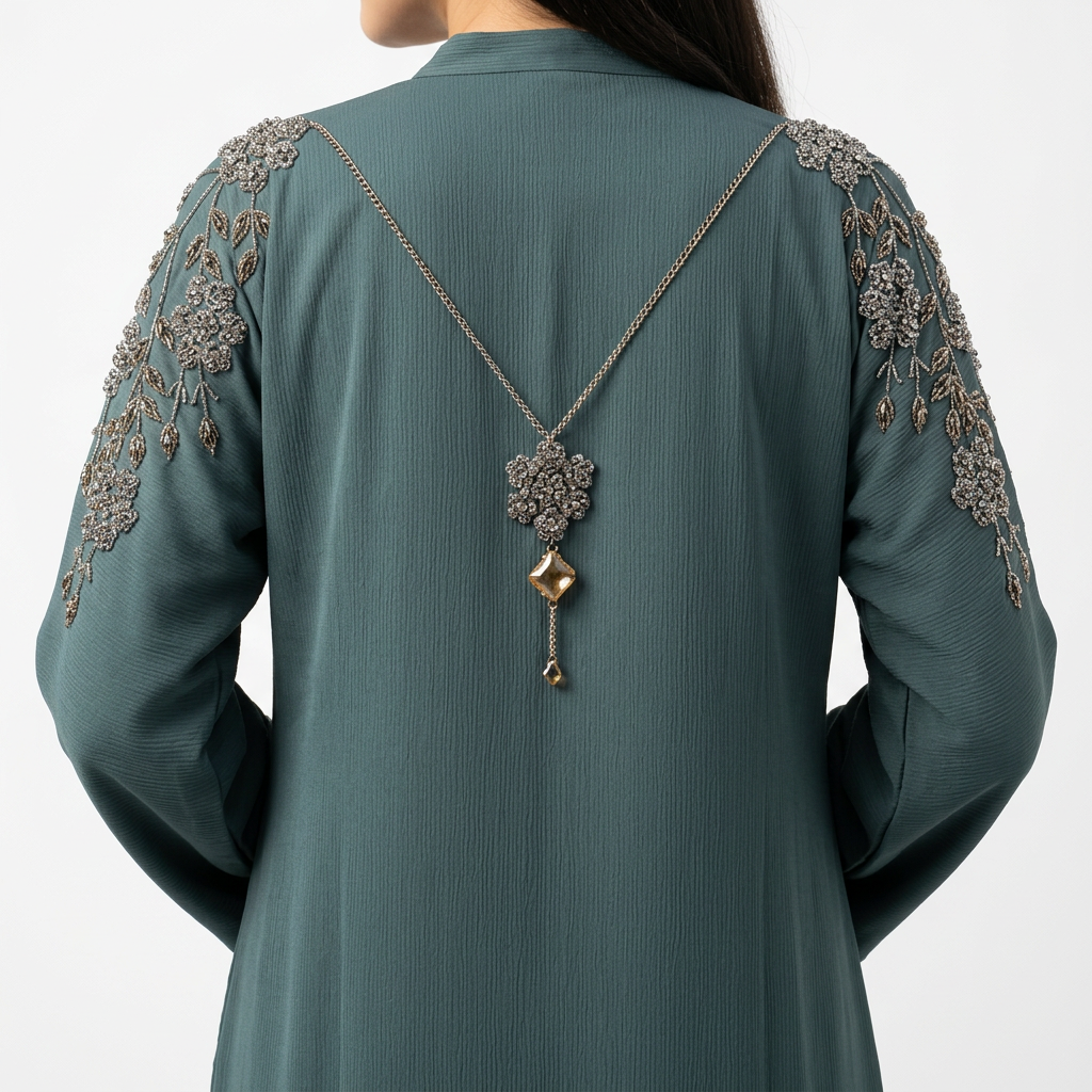 Teal Silver Crystal Floral Shoulder Chain Abaya