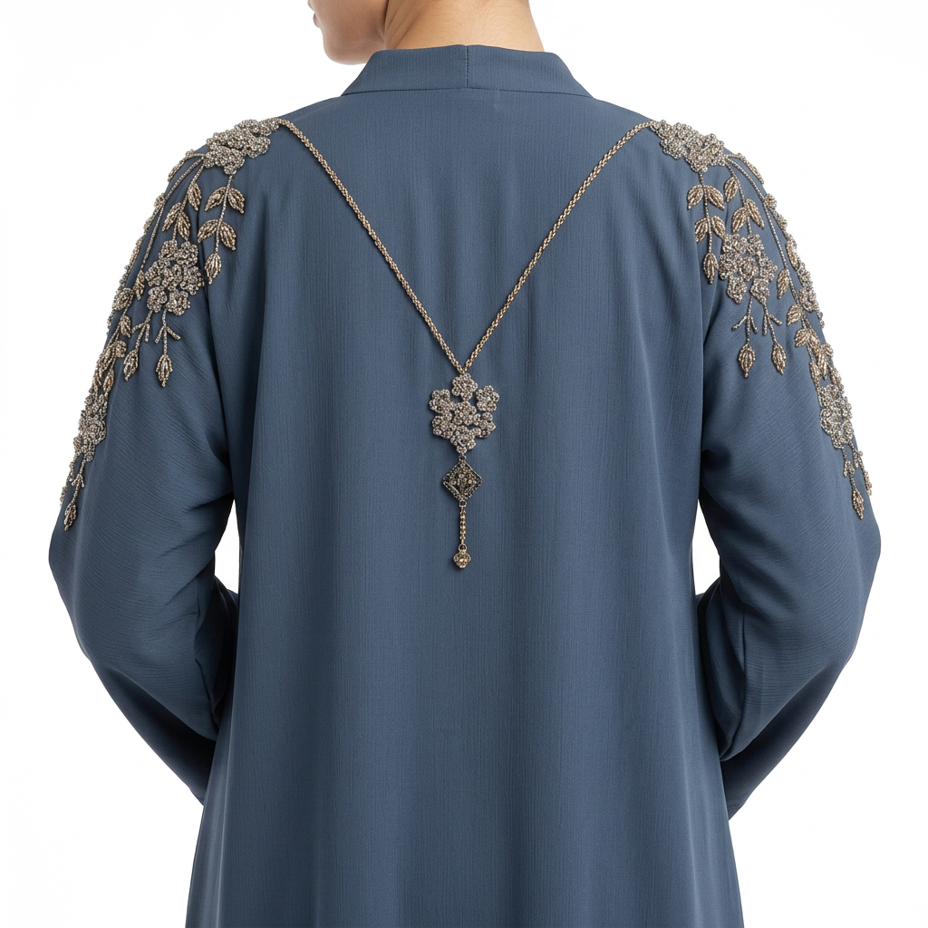 Steel Blue Gold Crystal Floral Vine Chain Abaya