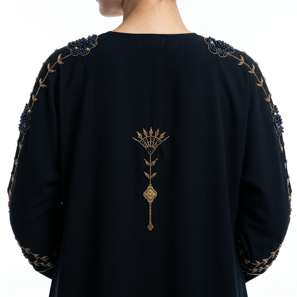 Navy Blue Gold Floral Pearl Abaya
