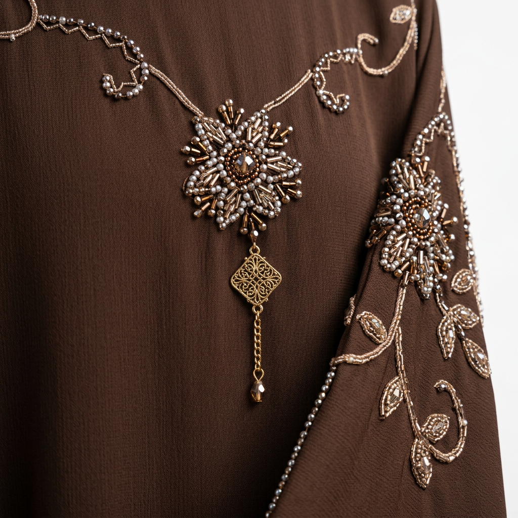 Dark Brown Gold Silver Crystal Swirl Shoulder Abaya