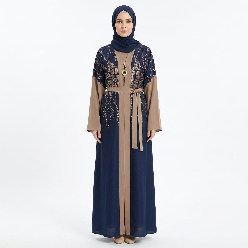 Navy Blue Gold Jacquard Floral Two-Tone Abaya with Statement Pendant Belt