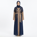 Navy Blue Gold Jacquard Floral Two-Tone Abaya with Statement Pendant Belt