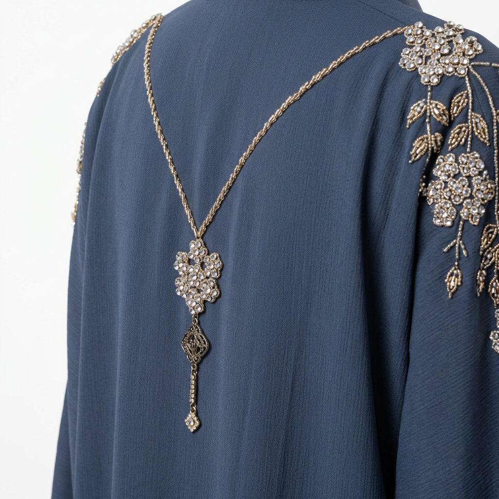 Steel Blue Gold Crystal Floral Vine Chain Abaya