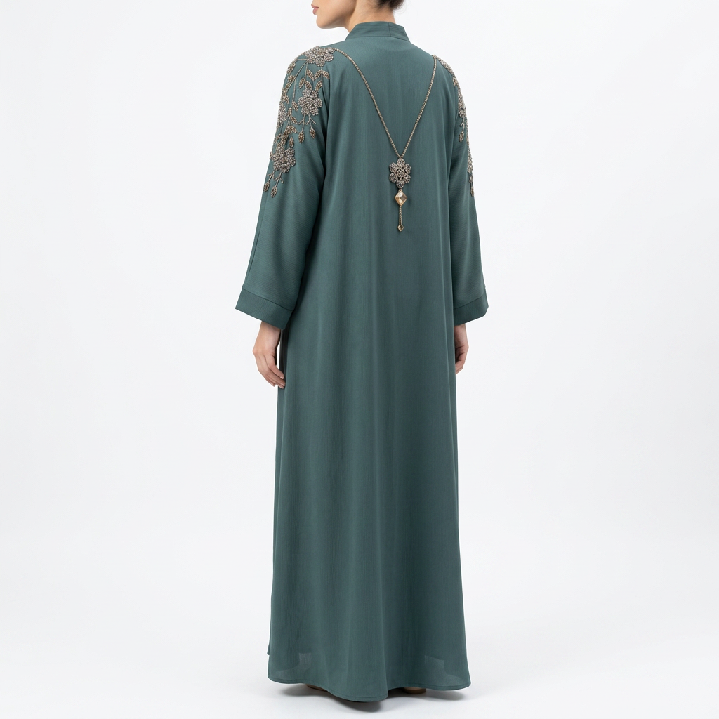 Teal Silver Crystal Floral Shoulder Chain Abaya