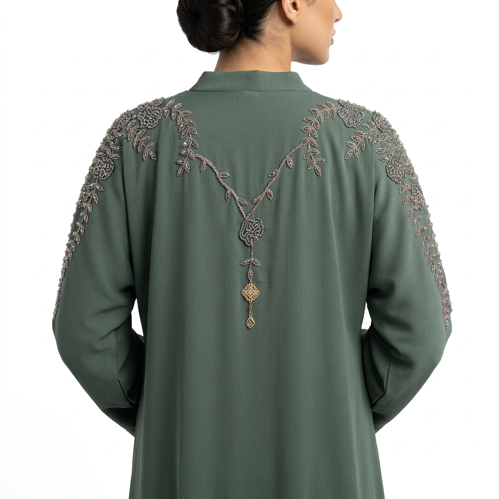Olive Green Silver Willow Shoulder Pendant Abaya