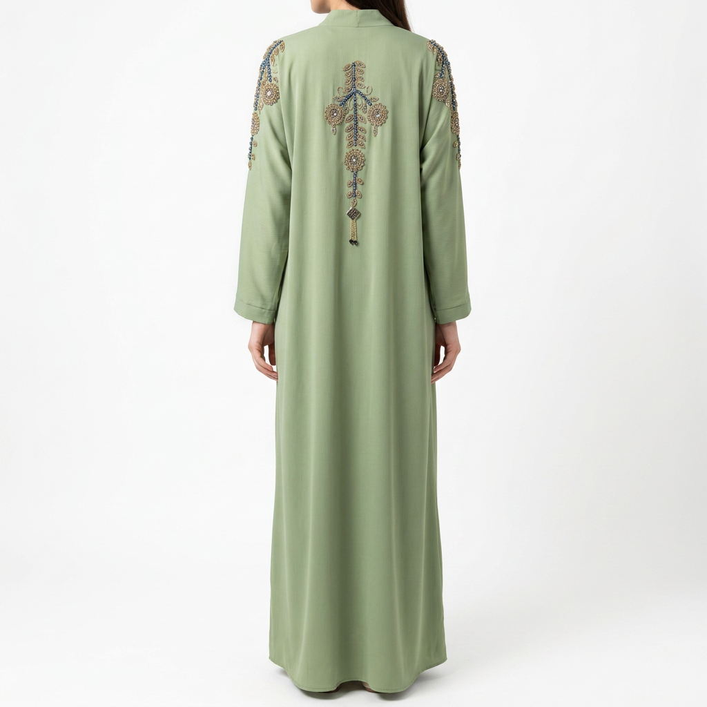 Sage Green Gold Blue Medallion Pendant Abaya
