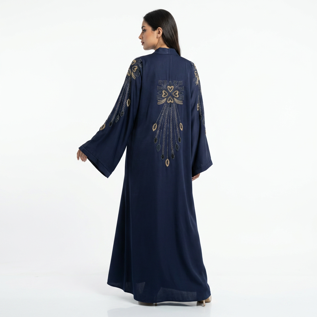 Navy Blue Gold Beaded Chandelier Embroidered Luxury Open Abaya
