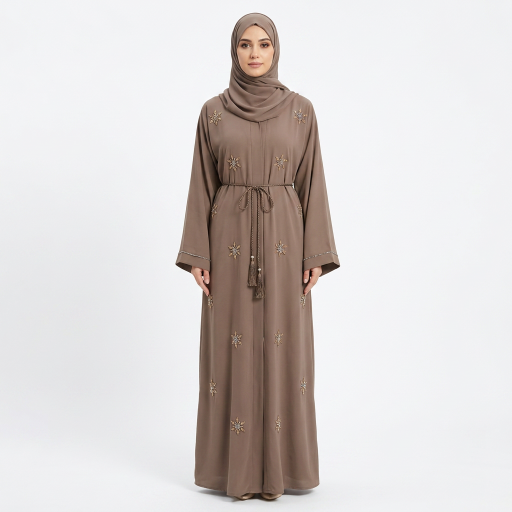 Taupe Gold Silver Starburst Scattered Belted Abaya