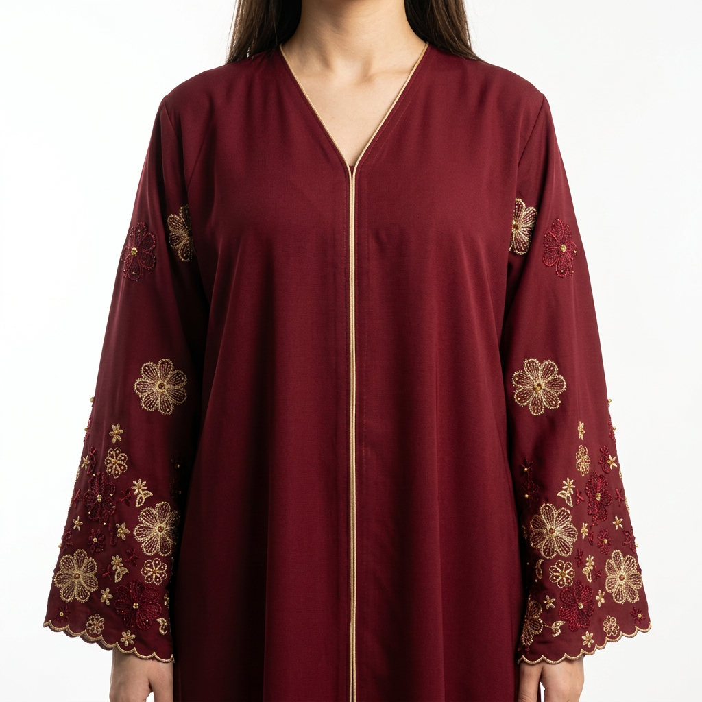 Deep Red Burgundy Gold Floral Sleeve Scallop Abaya
