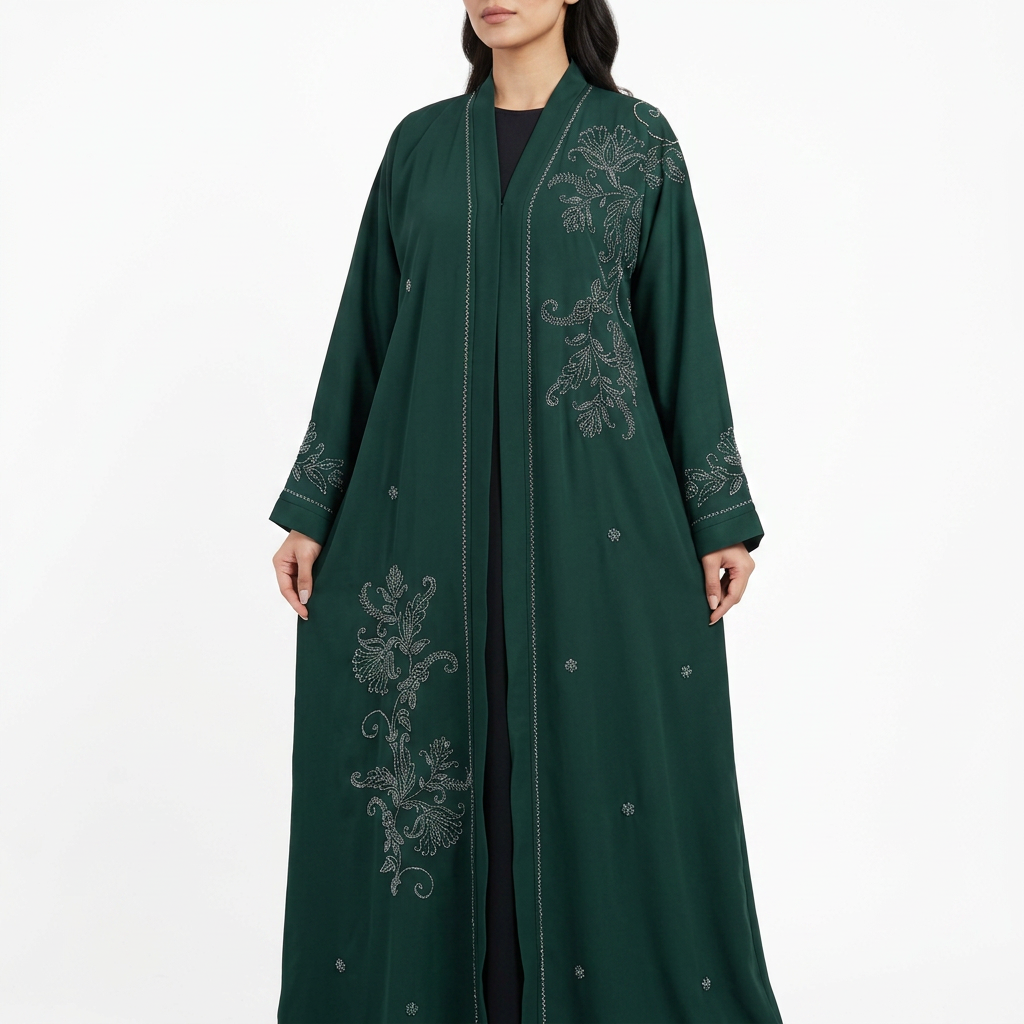 Emerald Green Silver Tonal Paisley Vine Abaya