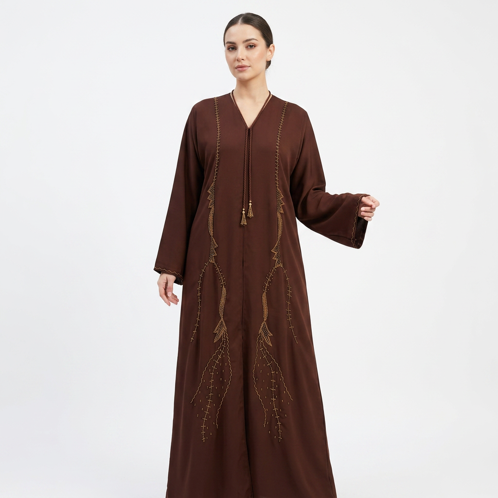 Dark Brown Gold Zigzag Bead Stripe Trim Abaya