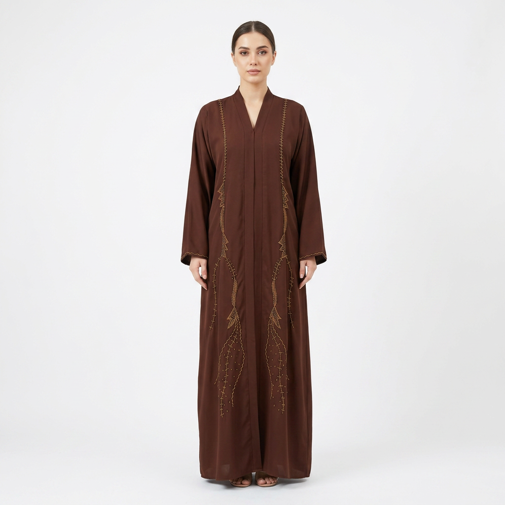 Dark Brown Gold Zigzag Bead Stripe Trim Abaya