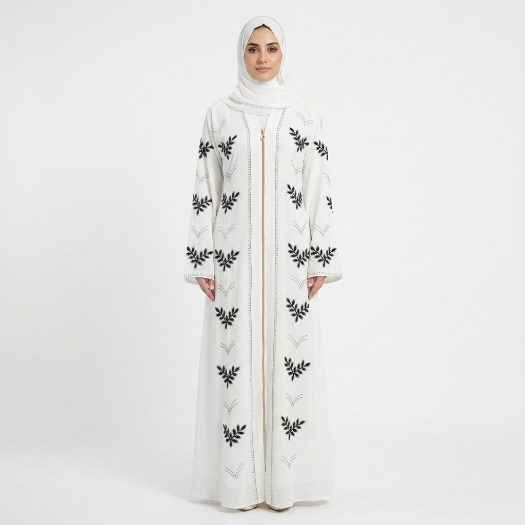 White Black Leaf Embroidered Zip Front Open Abaya with Braided Belt