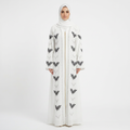 White Black Leaf Embroidered Zip Front Open Abaya with Braided Belt