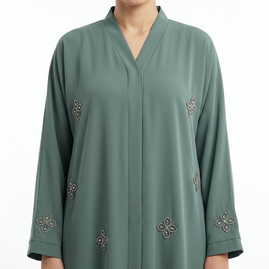 Sage Green Crystal Four Petal Abaya