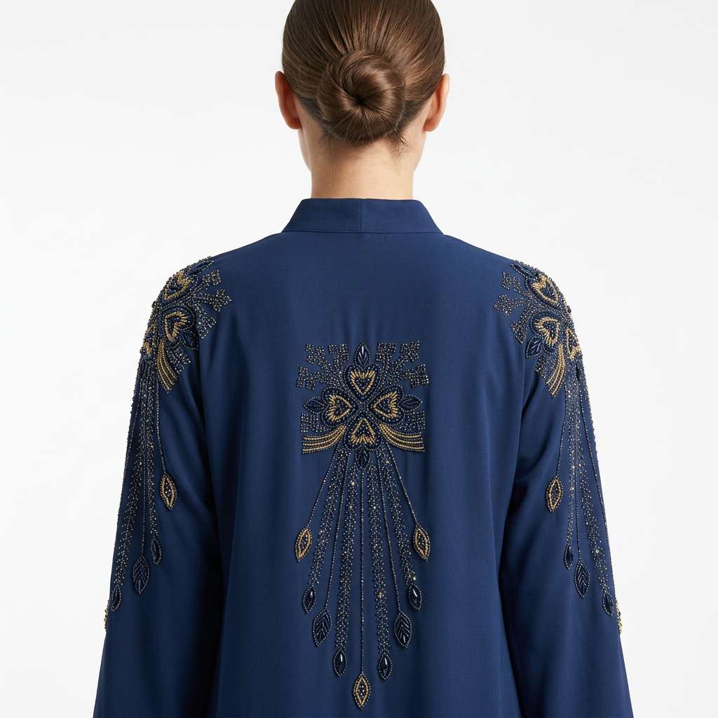 Navy Blue Abaya with Gold Beaded Embroidery