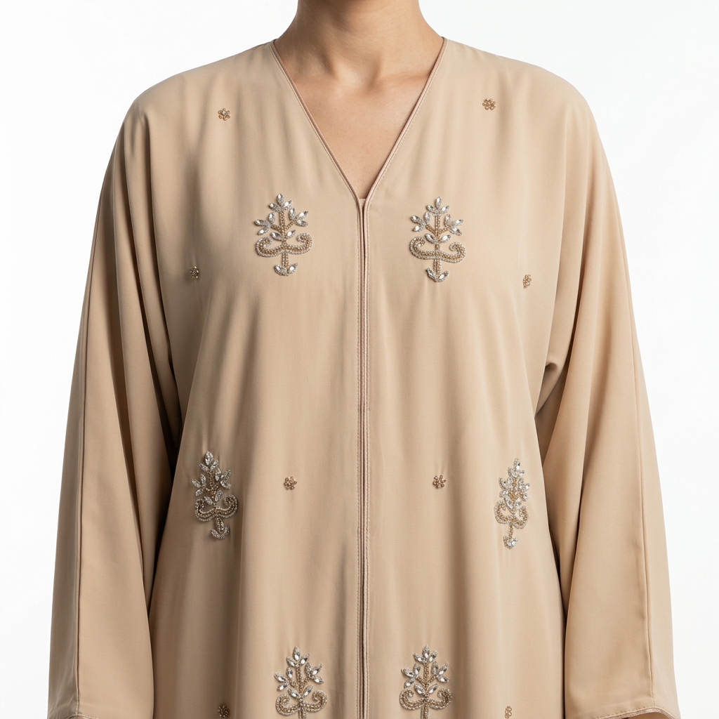 Sand Beige Silver Crystal Tree Motif Scattered Abaya