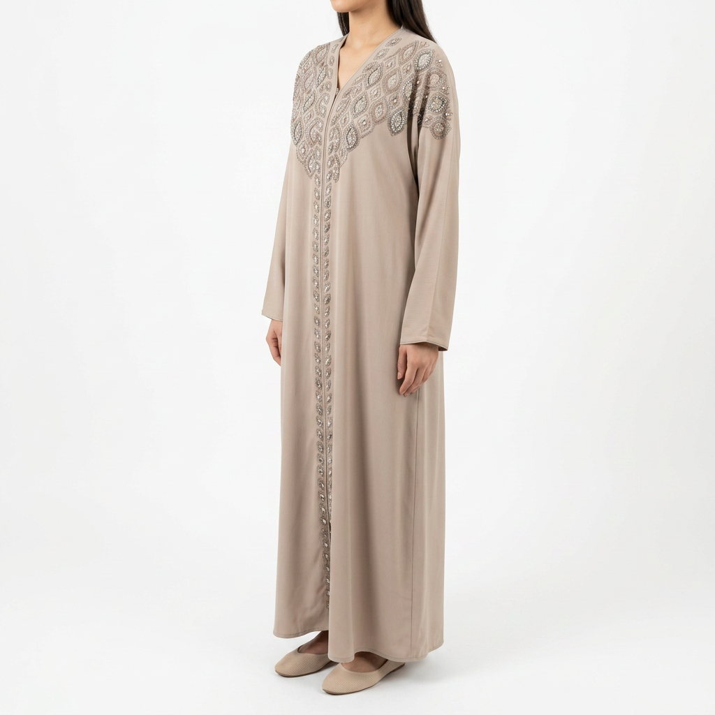 Taupe Silver Crystal Diamond Shoulder Abaya