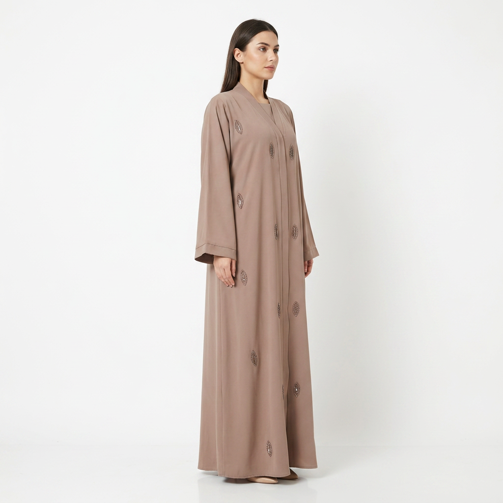 Taupe Brown Silver Crystal Diamond Eye Scattered Abaya