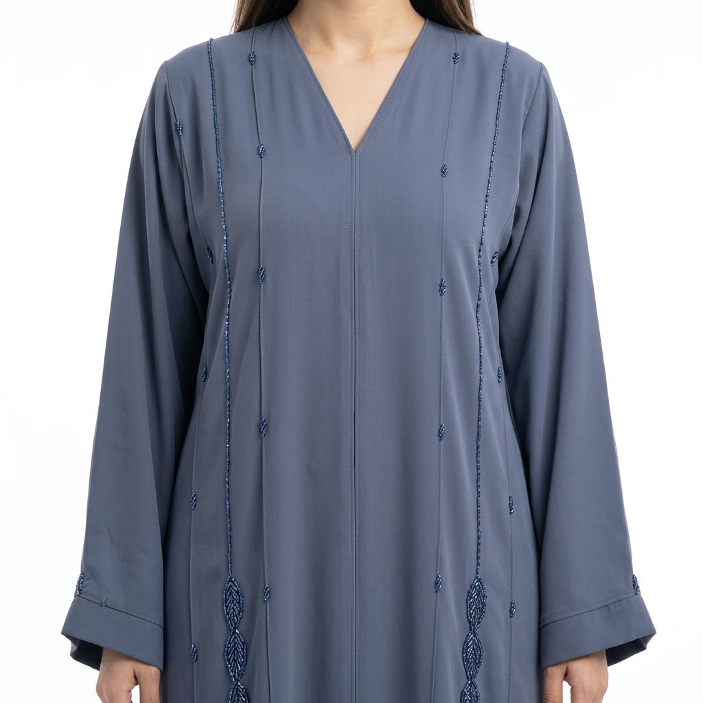 Steel Blue Tonal Cascading Leaf Stripe Abaya