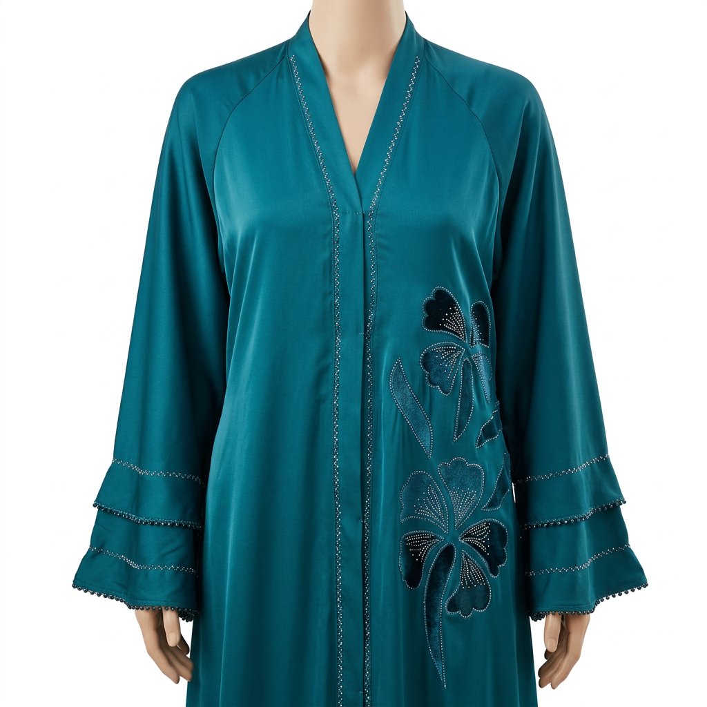 Teal Blue Satin Tonal Iris Ruffle Sleeve Abaya