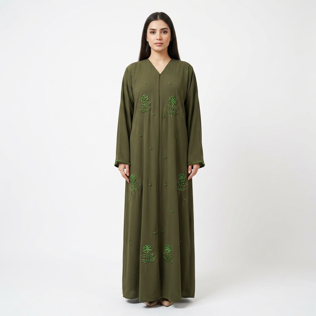 Olive Green Tonal Leaf Tree Scattered Abaya