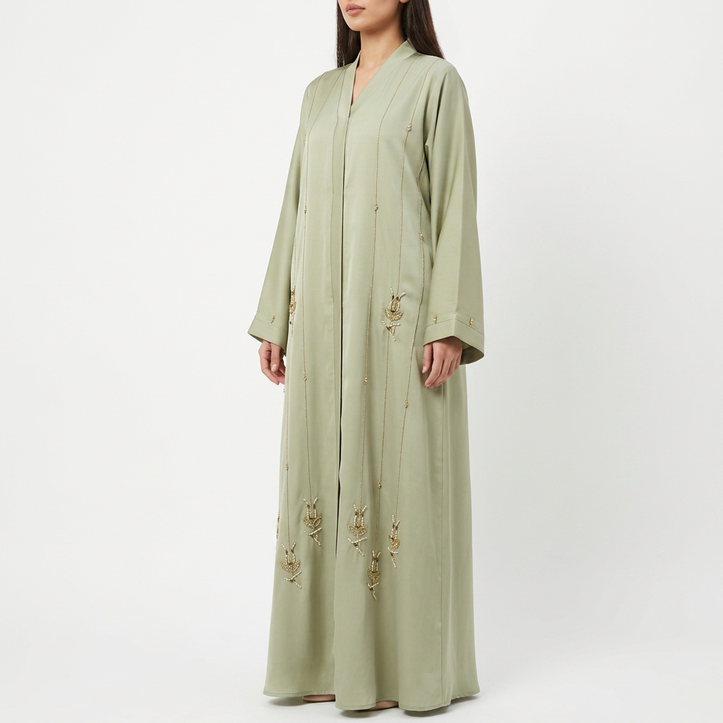 Sage Green Gold Twisted Braid Trim Scattered Abaya