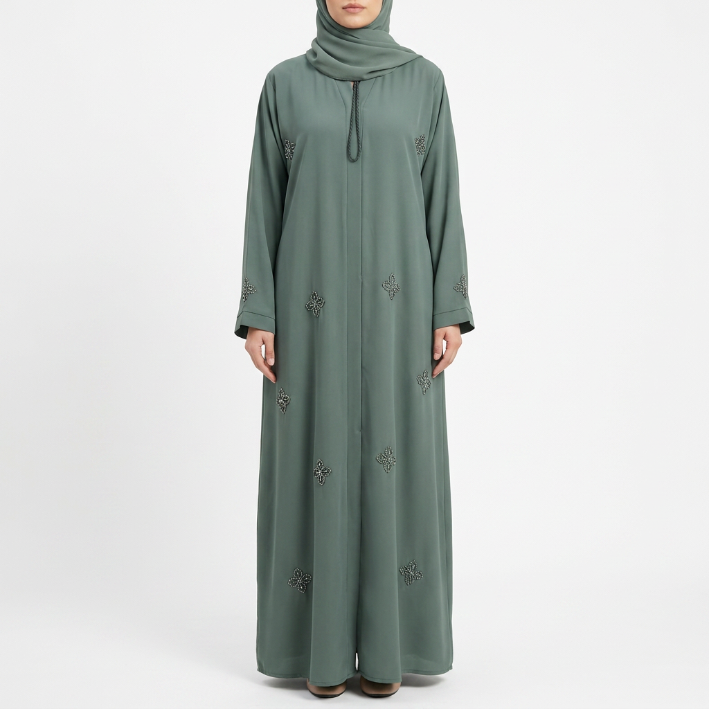 Sage Green Silver Crystal Four Petal Scattered Abaya