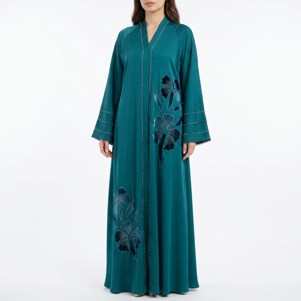 Teal Blue Satin Tonal Iris Ruffle Sleeve Abaya