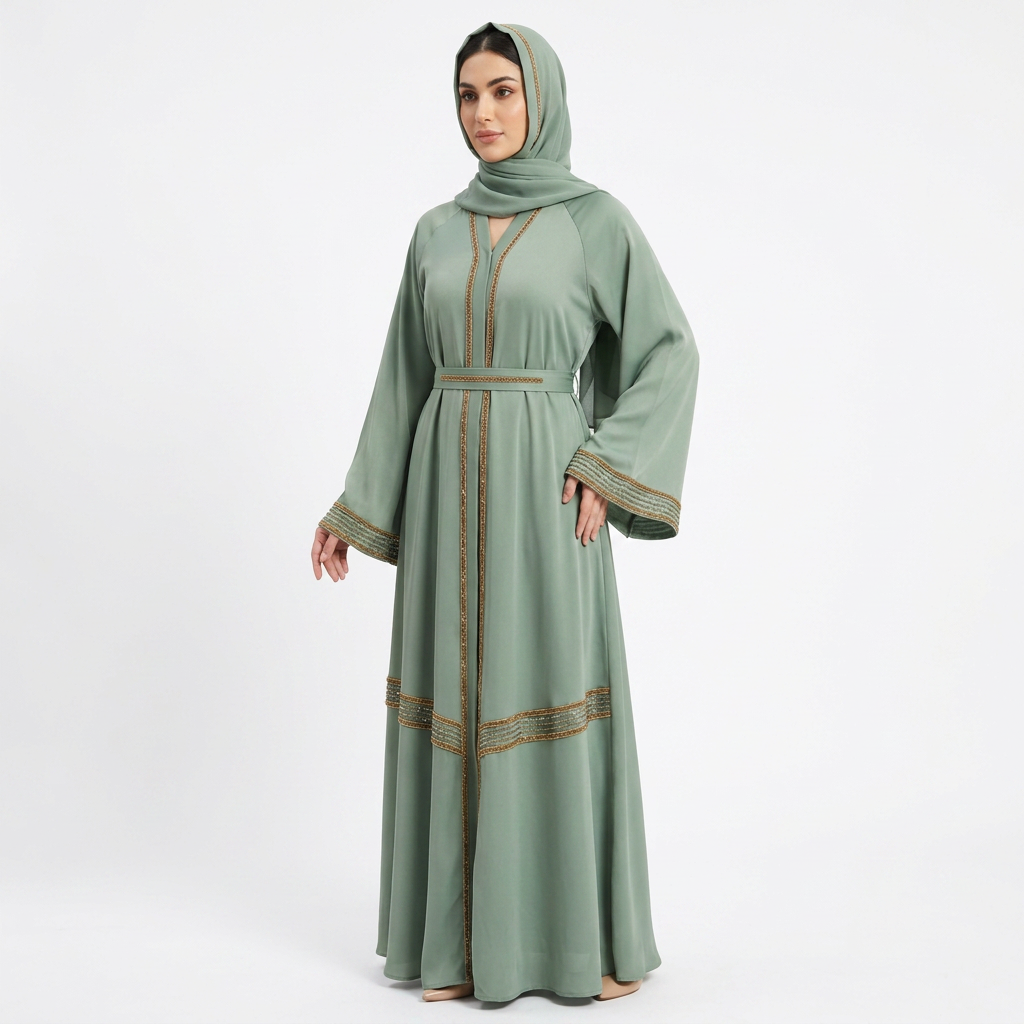 Mint Green Gold Beaded Trim Panel Open Abaya with Belt