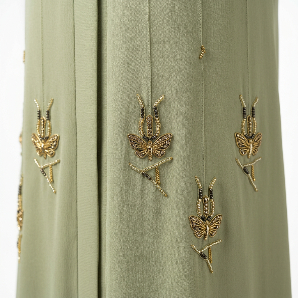 Sage Green Gold Twisted Braid Trim Scattered Abaya