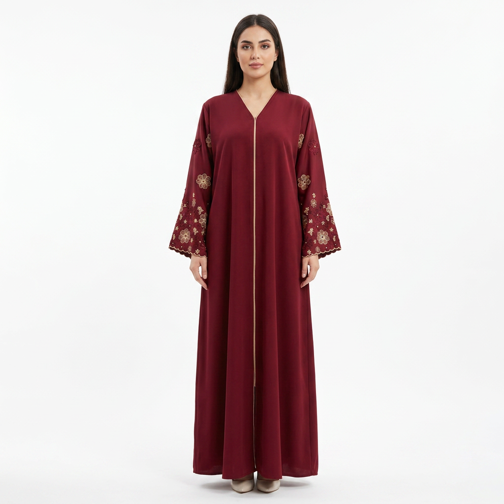 Deep Red Burgundy Gold Floral Sleeve Scallop Abaya