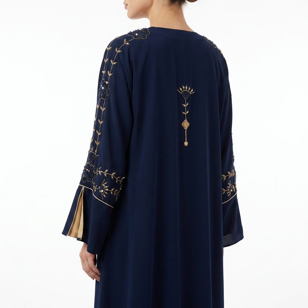 Navy Blue Gold Floral Pearl Abaya