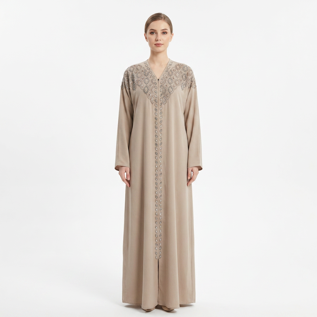 Taupe Silver Crystal Diamond Shoulder Abaya