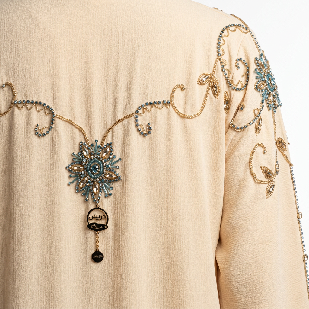 Cream Gold Turquoise Swirl Shoulder Abaya