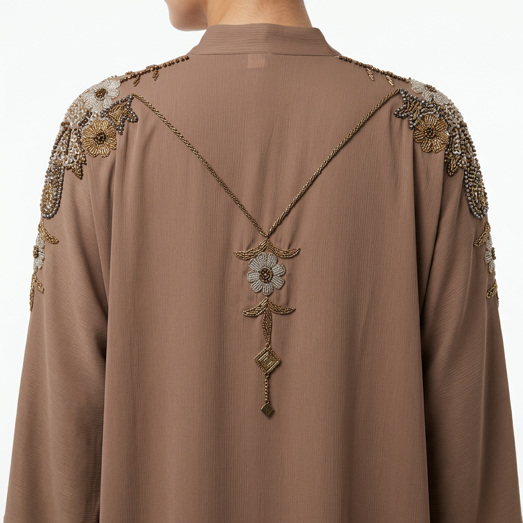 Taupe Gold Silver Beaded Shoulder Flower Abaya
