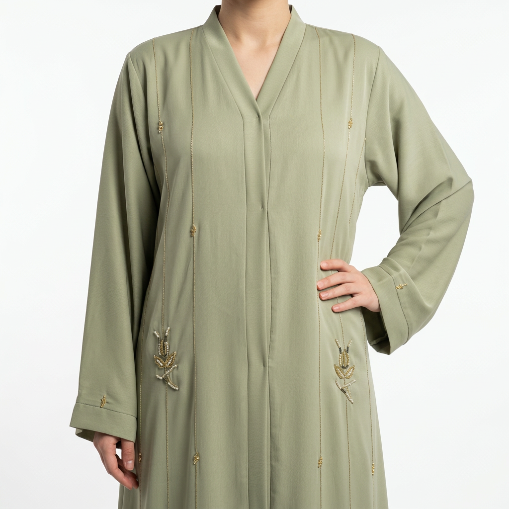 Sage Green Gold Twisted Braid Trim Scattered Abaya