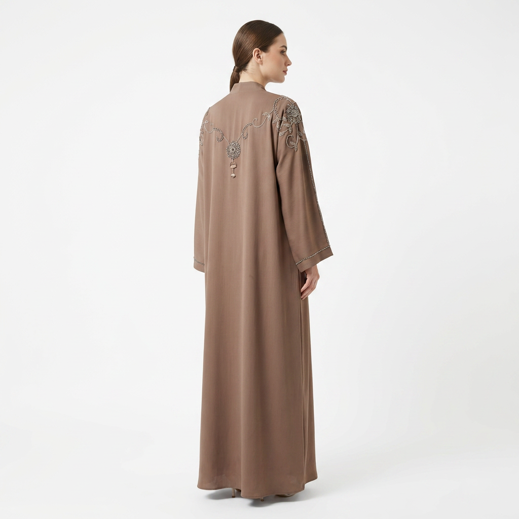 Mocha Brown Silver Sunburst Swirl Shoulder Abaya