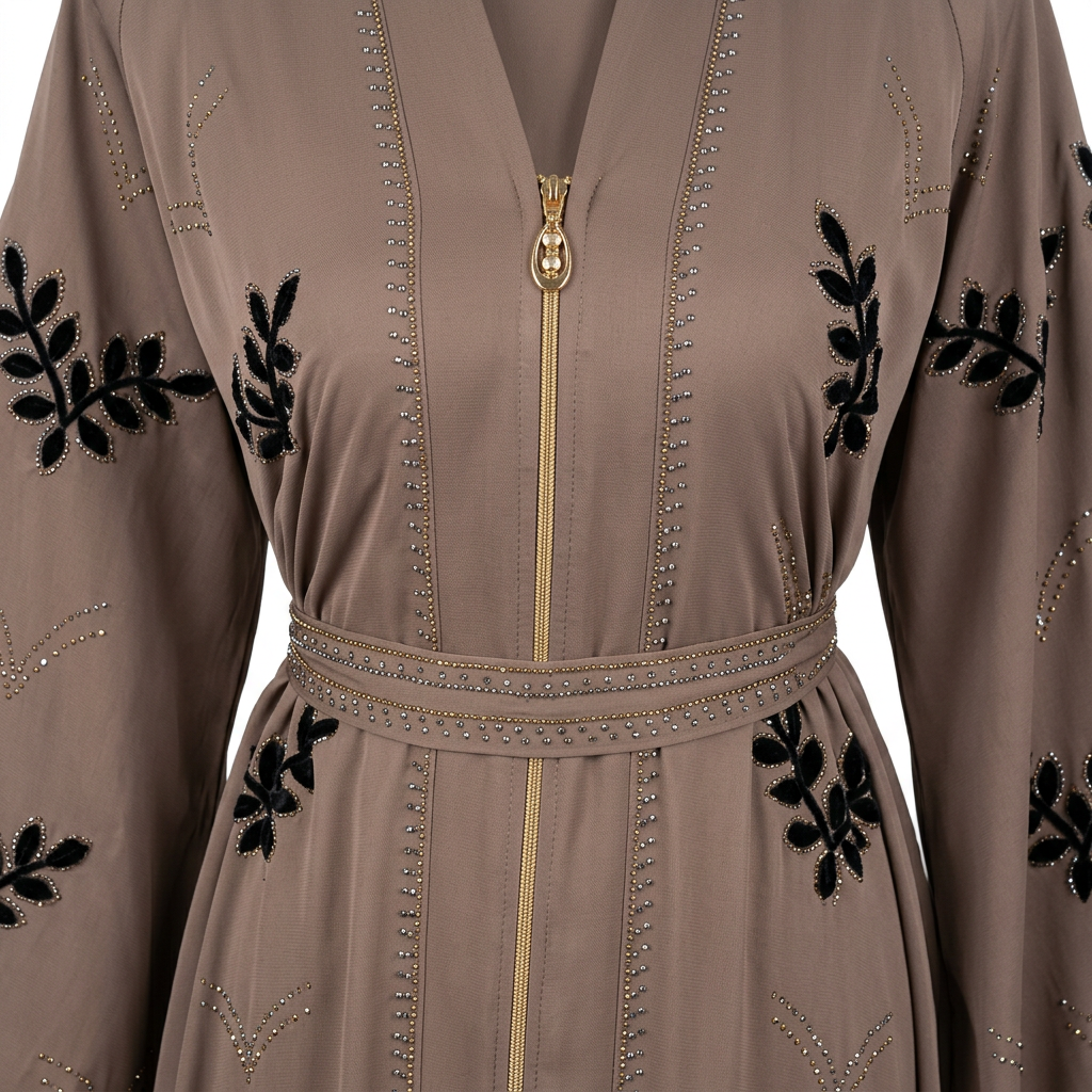 Taupe Black Velvet Leaf Rhinestone Embroidered Zip Front Open Abaya