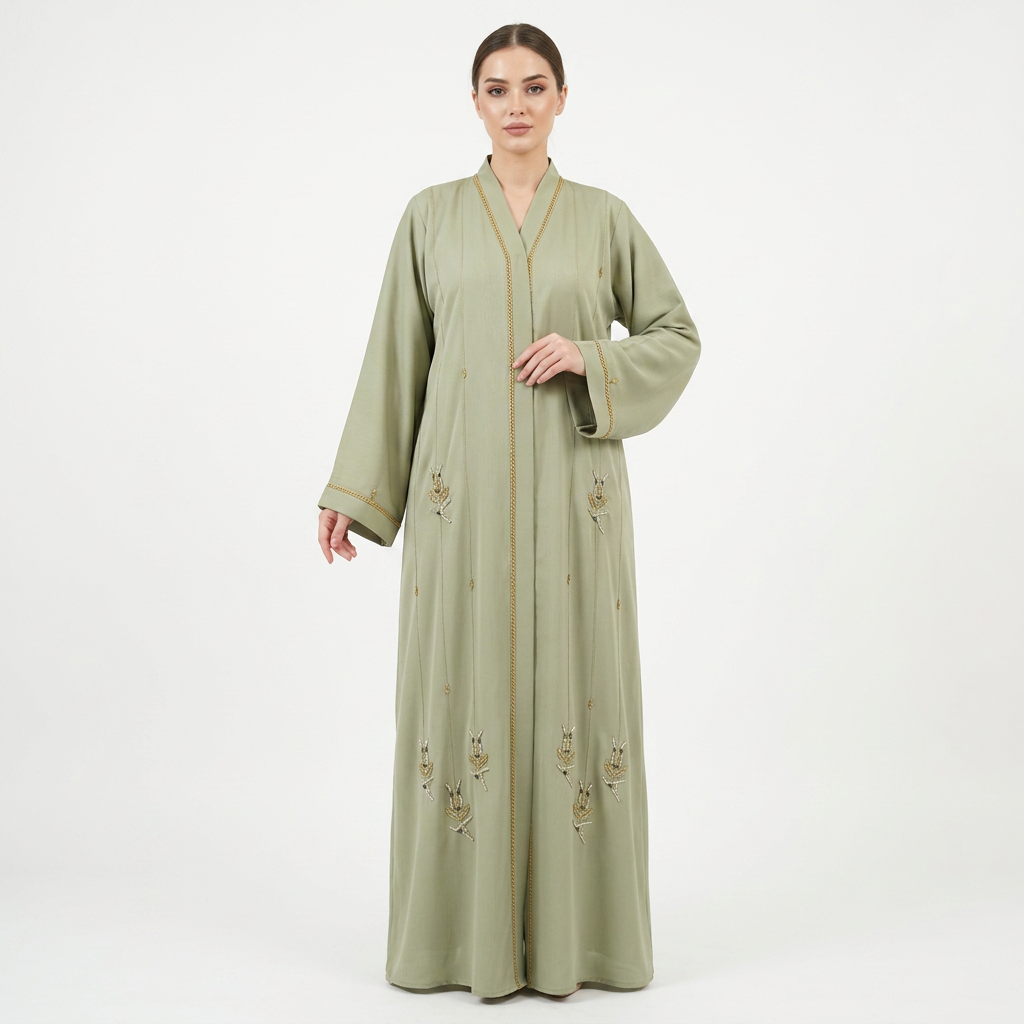 Sage Green Gold Twisted Braid Trim Scattered Abaya