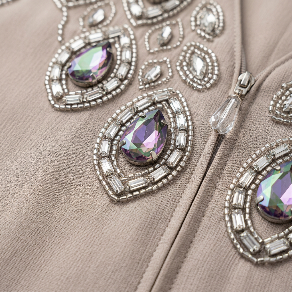 Taupe Silver Crystal Diamond Shoulder Abaya