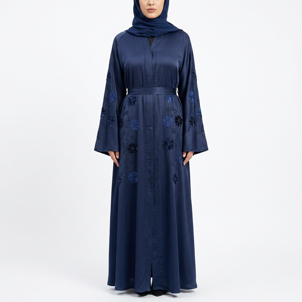 Navy Blue Floral Sequin Embroidered Open Abaya