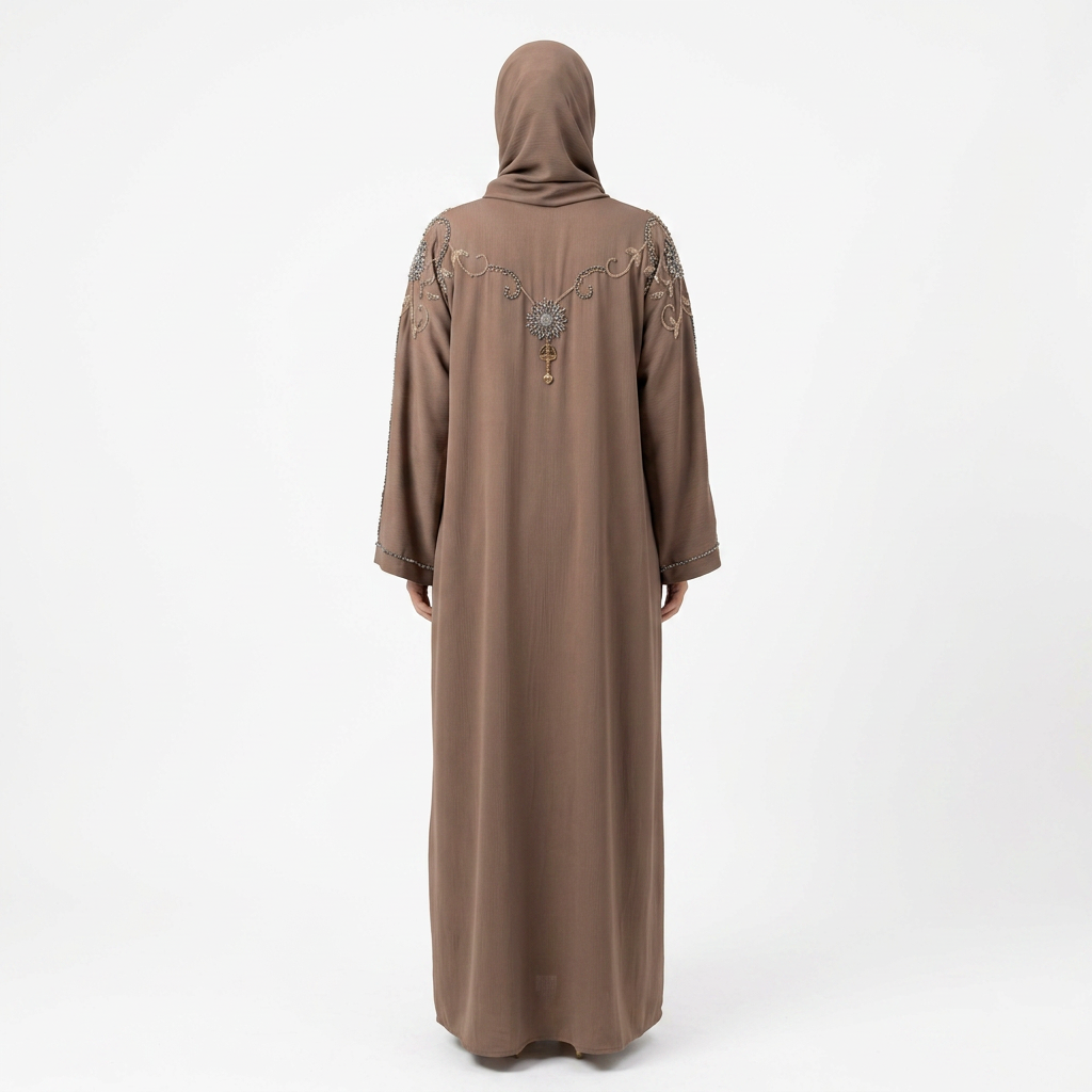 Mocha Brown Silver Sunburst Swirl Shoulder Abaya
